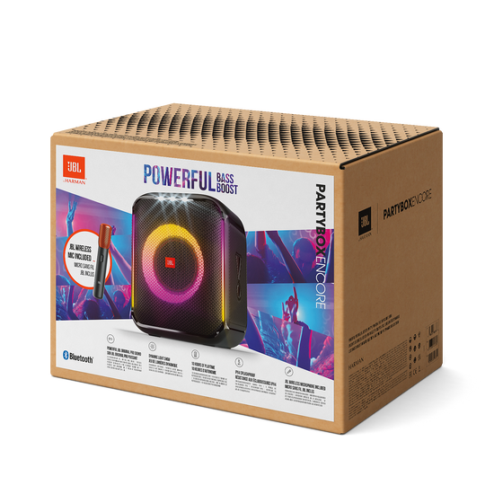 JBL PartyBox Encore  Altavoz para fiestas portátil con un potente sonido  de 100 W, juego de luces dinámico incorporado, micrófono inalámbricos  incluidos y diseño resistente a salpicaduras.