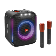 JBL PartyBox Encore - Black - Portable party speaker with 100W powerful sound, built-in dynamic light show, included digital wireless mics, and splash proof design. - Hero